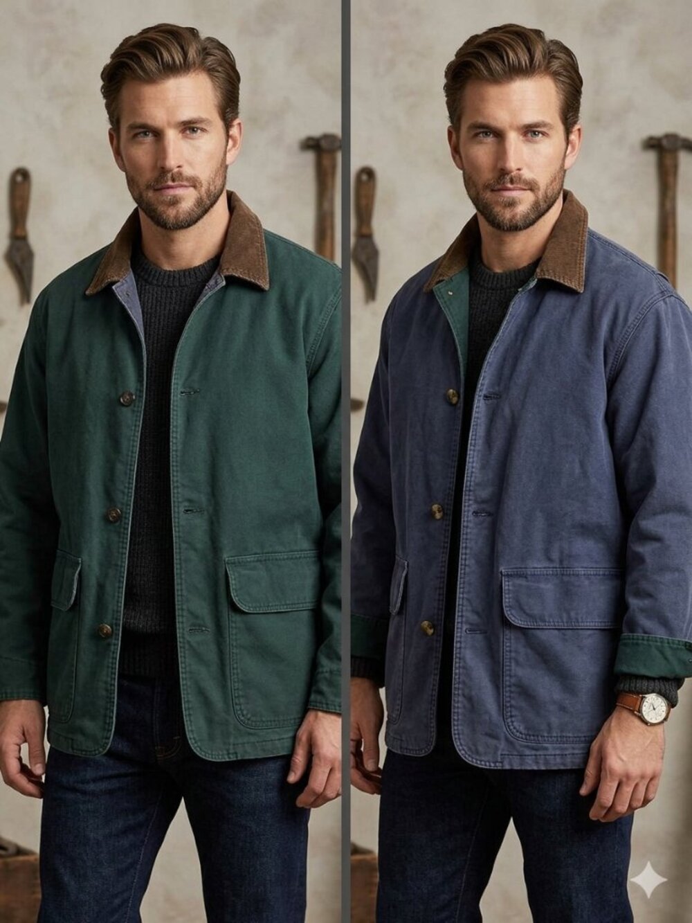 Vintage Reversible Canvas Barn Jacket Corduroy Collar Hunter Green Navy